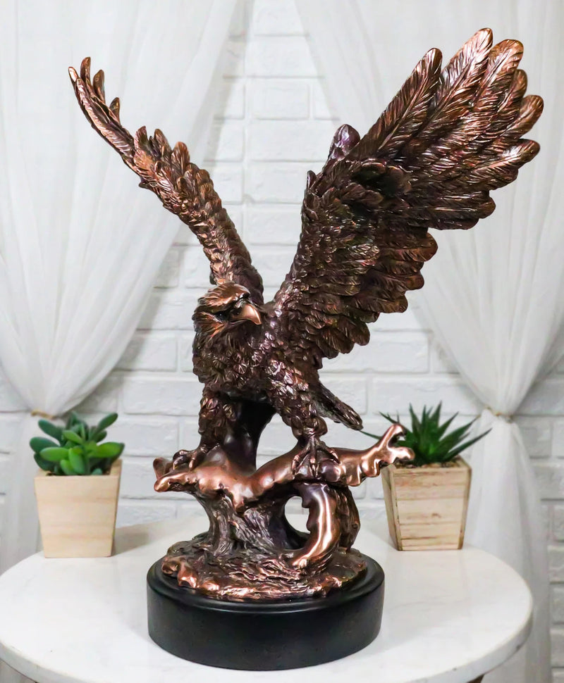 Majestic Bald Eagle With Open Wings Perching On Tree Branch Statue With Base-1