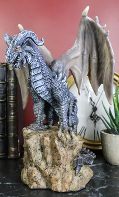 Large Medieval Sentry Abraxas Black Dragon Standing On Stump Rock Statue 9.25"H-4