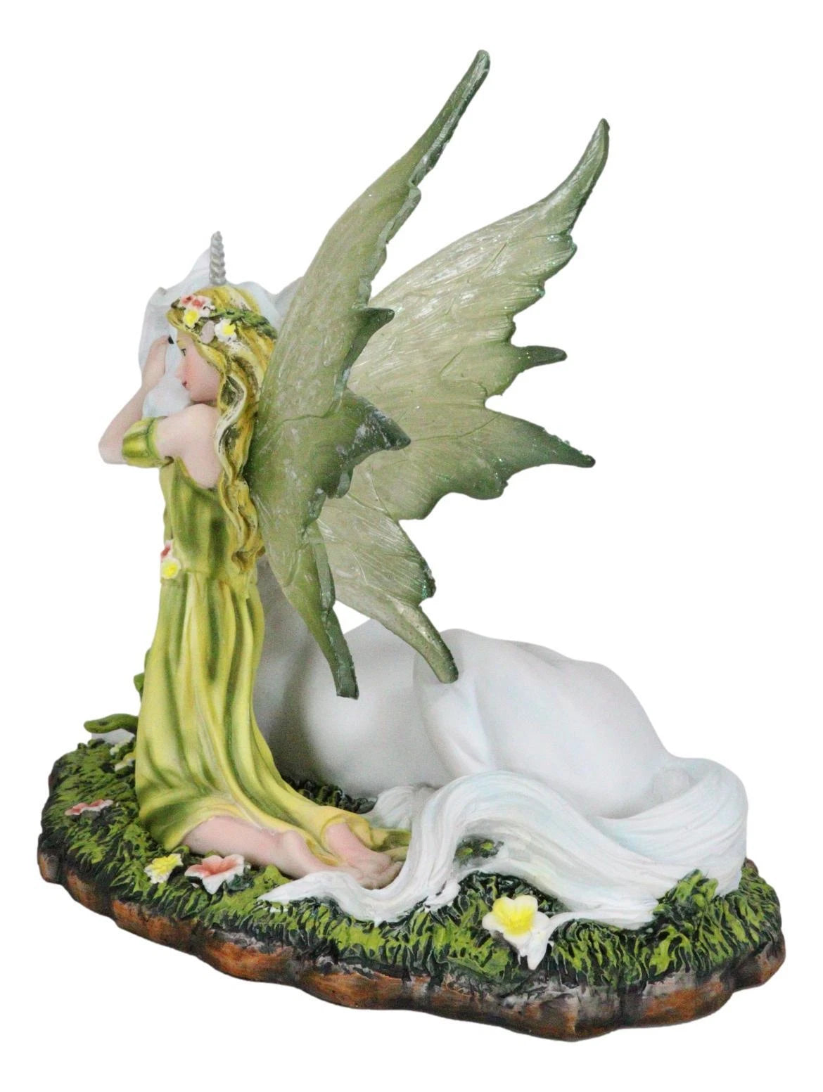 Green Earth Gaia Fairy With Rare Floral White Unicorn Statue Decor Figurine 7"L-8