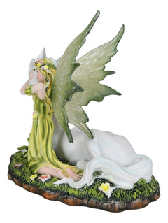 Green Earth Gaia Fairy With Rare Floral White Unicorn Statue Decor Figurine 7"L-8