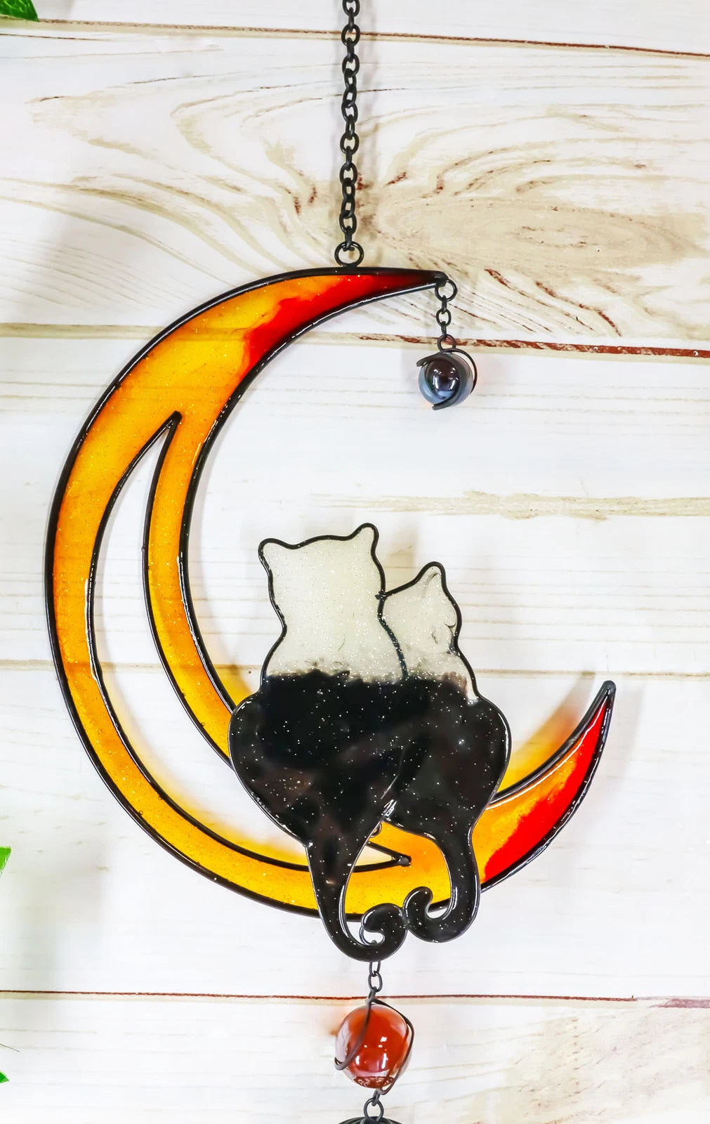 Lover Feline Cats On Crescent Moon Stained Glass Gem Copper Wind Chime Garden