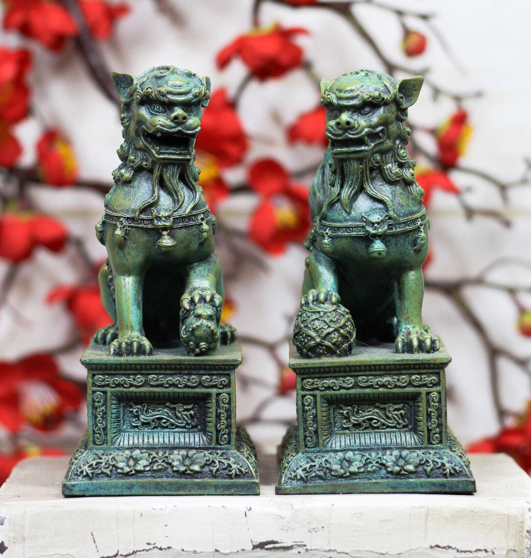 Sujetalibros con figuras de perros y leones Fu Foo, pareja de guardianes del Palacio Prohibido chino-7