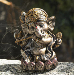 Hindu God Ganapati Baby Ganesha Playing Flute On Lotus Backflow Incense Burner-1