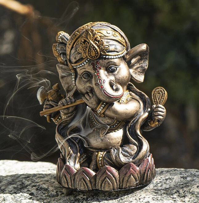 Hindu God Ganapati Baby Ganesha Playing Flute On Lotus Backflow Incense Burner-1