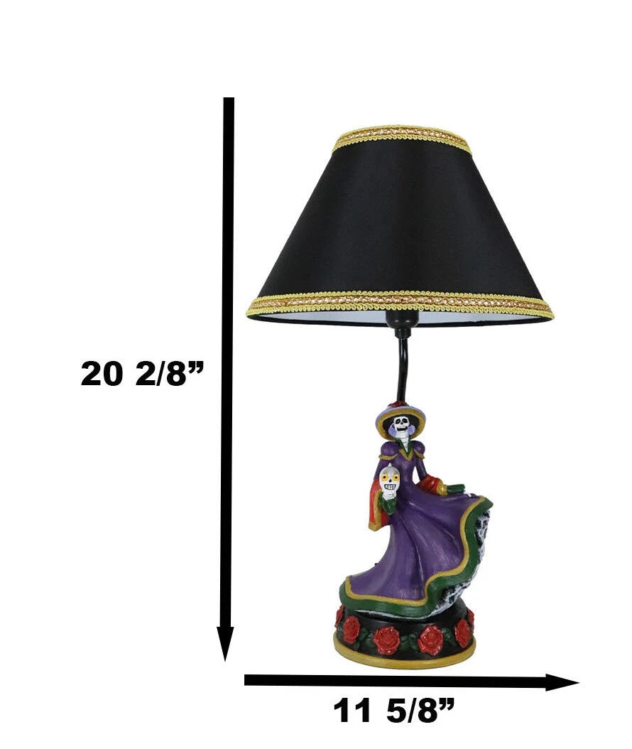 Day of The Dead La Calavera Catrina Sugar Skull Standing On Red Roses Table Lamp-6