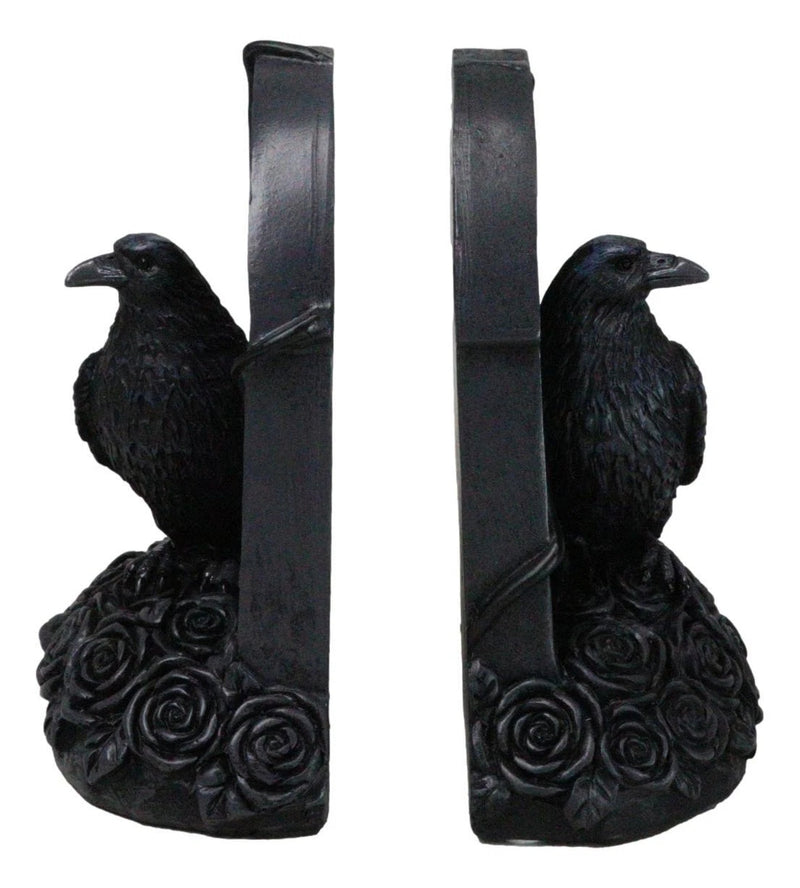 Raven Figurine, 8" Crow Perching on Black Roses Tombstone Gothic Figurine Bookends for Shelf, Desk, Home, or Gothic Room Decor Collectible-8