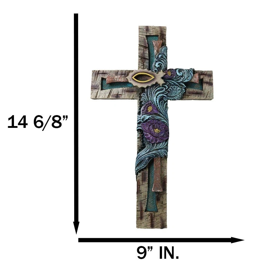 Rustic Turquoise Floral Blooms Ichthys Jesus Fish Symbol Faux Wooden Wall Cross-7