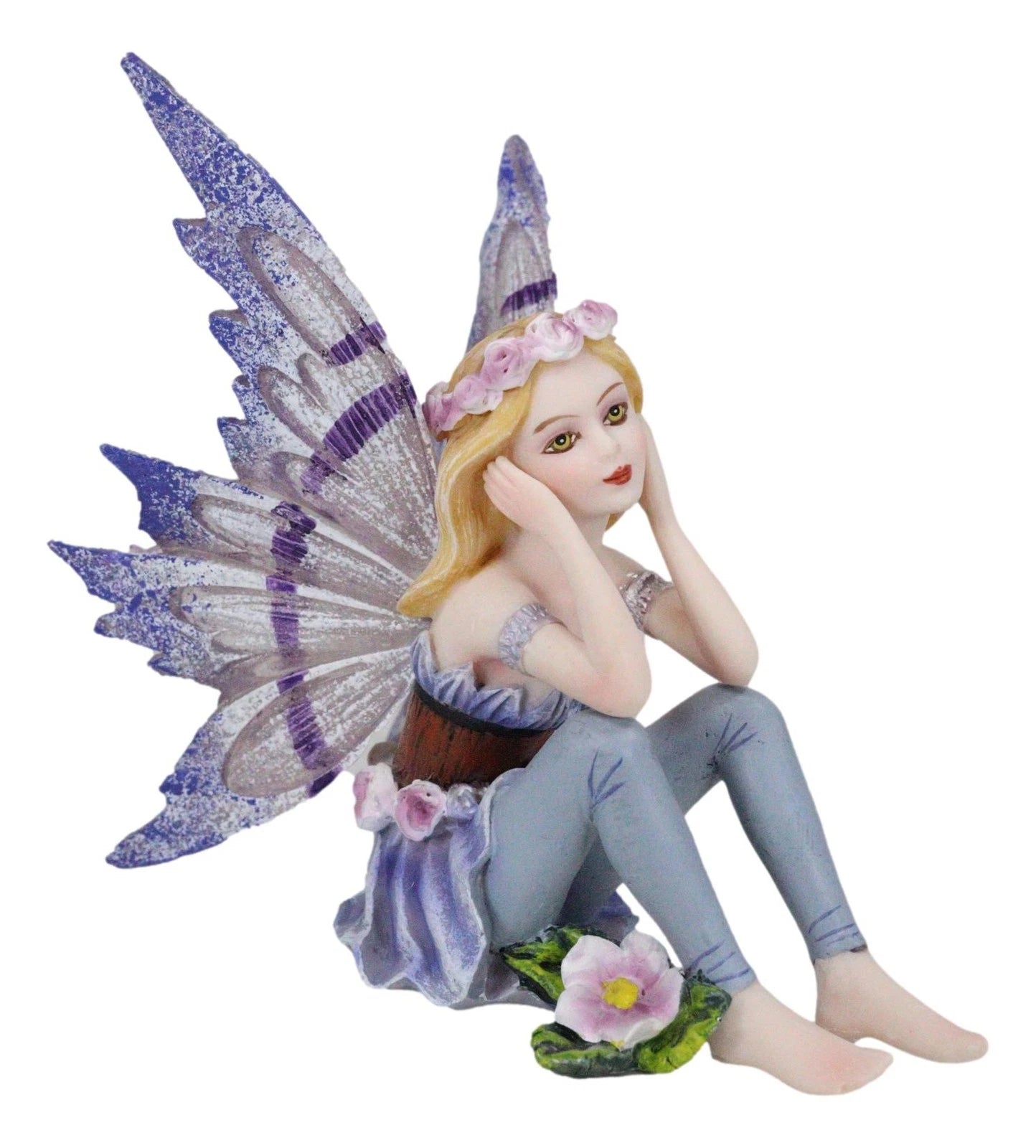 Small Meadowland Tribal Purple Periwinkle Flower Girl Fairy Daydreaming Figurine-6