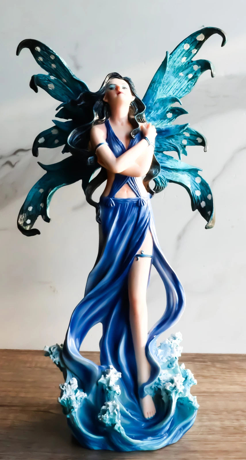 Ocean Fairy Figurine, Water Elemental Fantasy Statue 12" Tall Rising Over Waves, Hand-Painted Mythical Creature Sculpture, Home Decor for Shelf, Desk, or Living Room Display-8