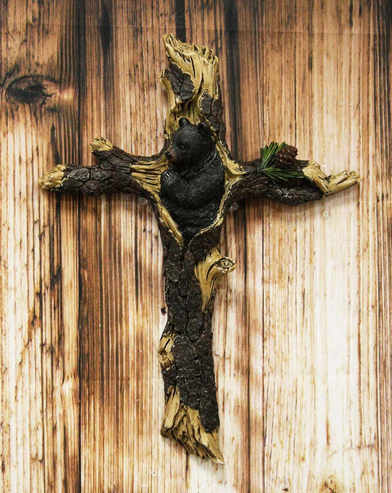 14"H Rustic Western Black Bear Cub Sleeping On Pine Tree Wall Cross Decor Plaque-1