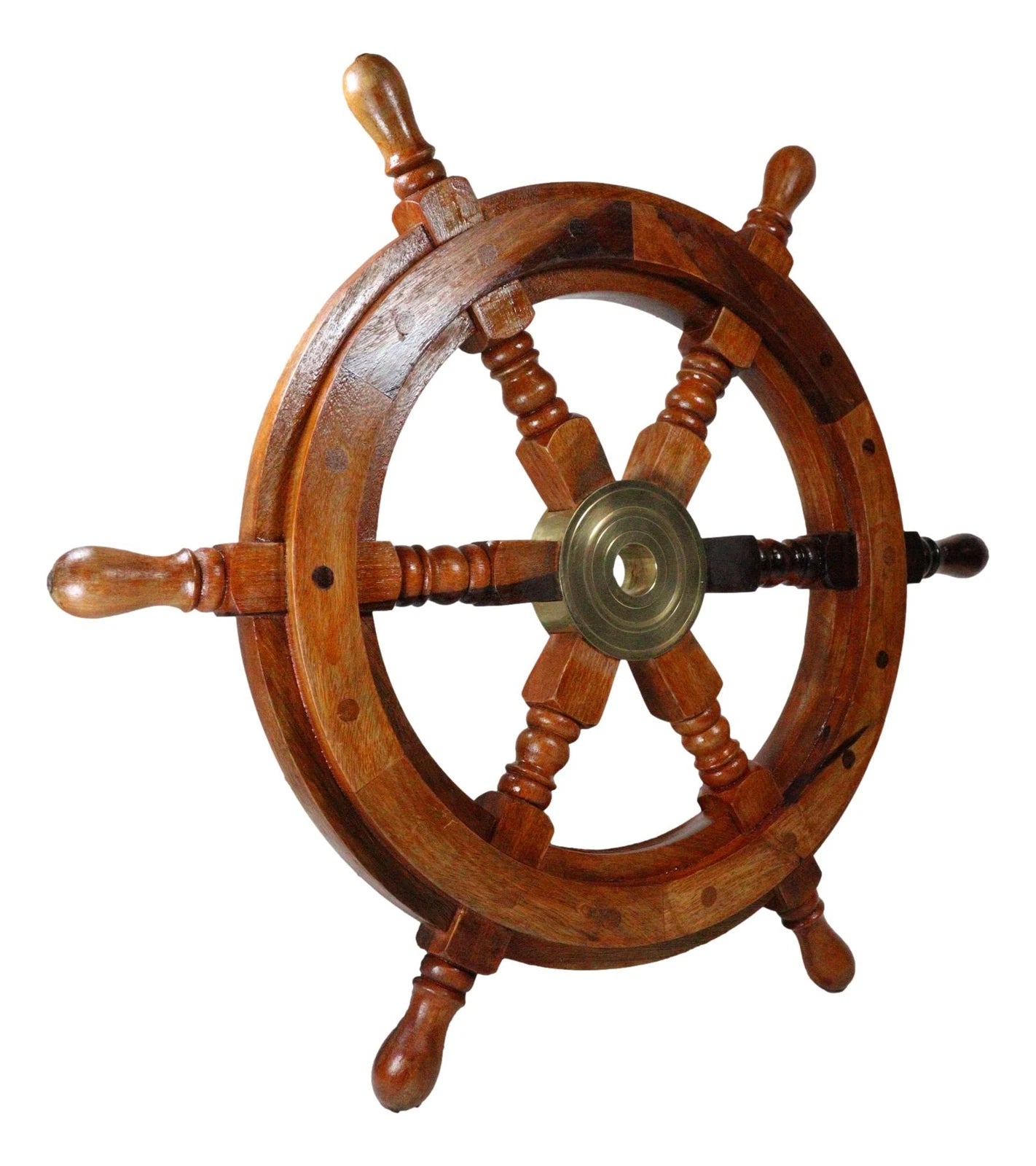 Nautical Marine Vintage Hardwood Wood & Brass Ship Steering Helm Boat Wheel 18"D-7