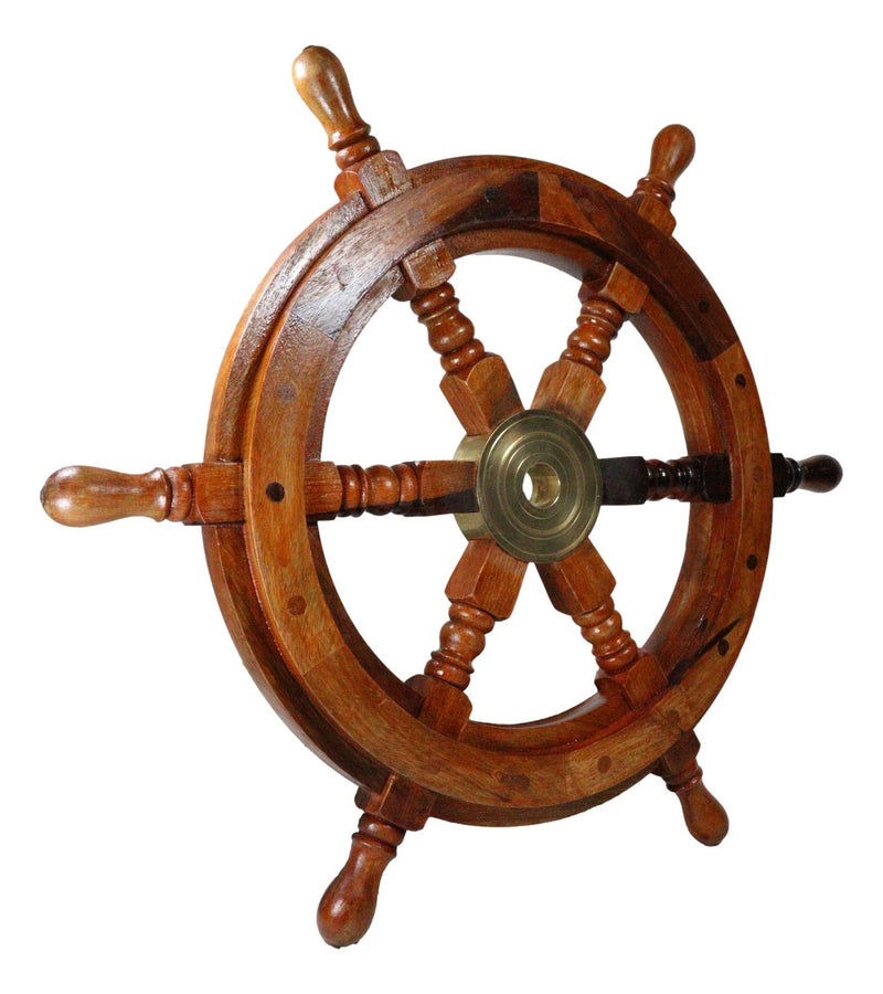 Nautical Marine Vintage Hardwood Wood & Brass Ship Steering Helm Boat Wheel 18"D-7