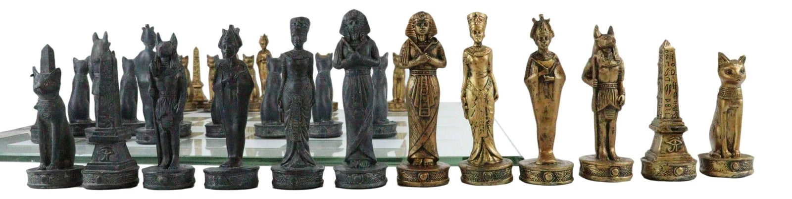 Egyptian Gods Monuments King Tut & Nefertiti Chess Pieces Glass Board Set-3
