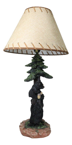 Rustic Western Forest Black Mama Bear With Cubs Climbing On Pine Tree Table Lamp-7