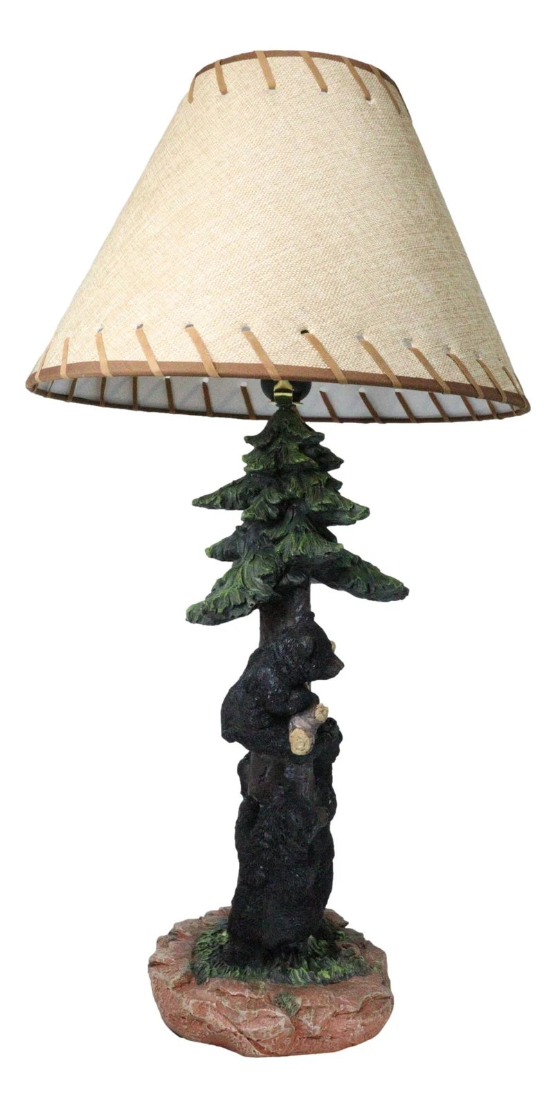 Rustic Western Forest Black Mama Bear With Cubs Climbing On Pine Tree Table Lamp-7