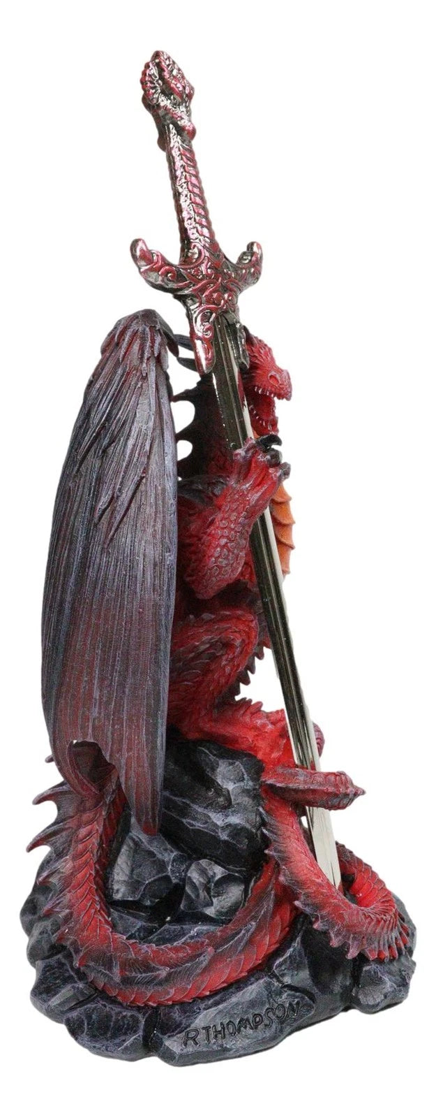 Figura de dragón de hoja viuda de roca volcánica de lava roja con espada abrecartas-6
