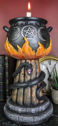 Wicca Triple Moon Witch Cauldron With Snake And Sacred Geometry Candle Holder-1