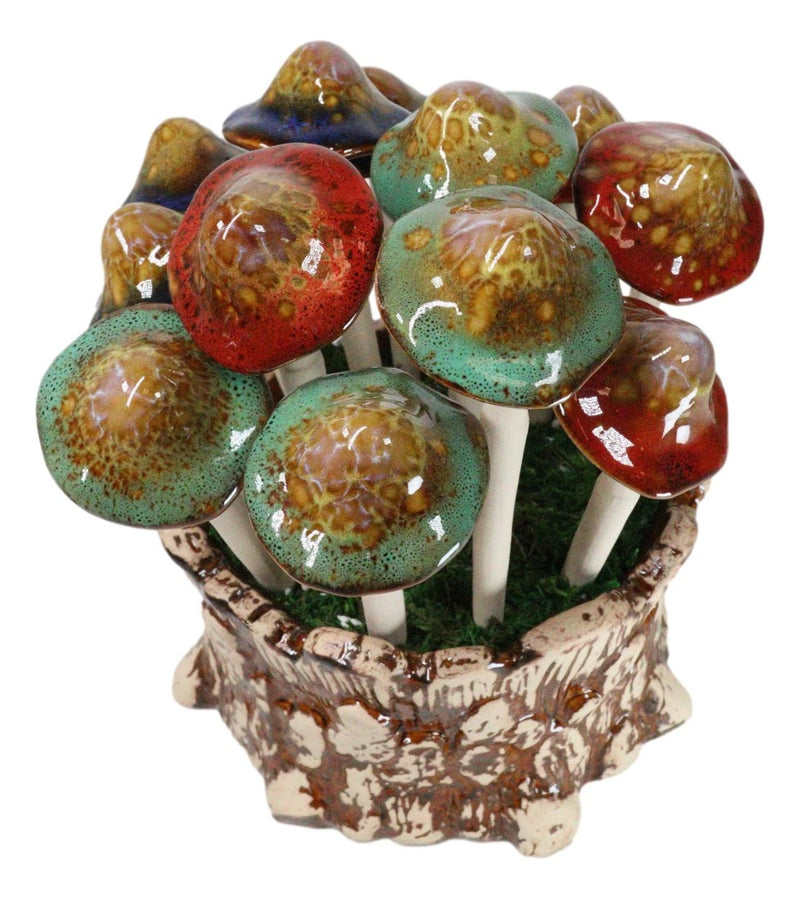 Fairy Garden Colorful 12 Piece Ceramic Mushroom Picks With Planter Holder Set-5