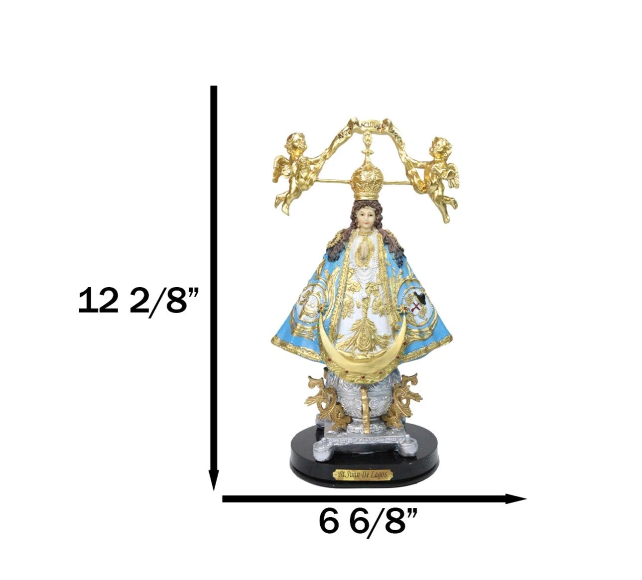 Figura de Nuestra Señora de San Juan de los Lagos con Corona Dorada y Ángeles, 12" de alto-8
