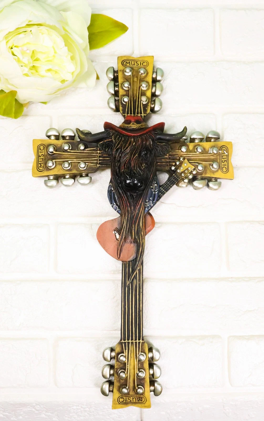 Western Rock And Roll Music Guitars With Cowboy Highland Cow Wall Cross Plaque