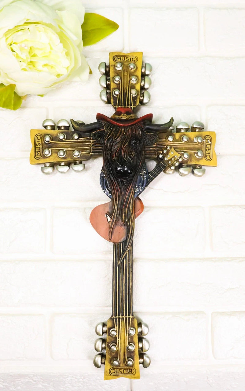 Western Rock And Roll Music Guitars With Cowboy Highland Cow Wall Cross Plaque-2