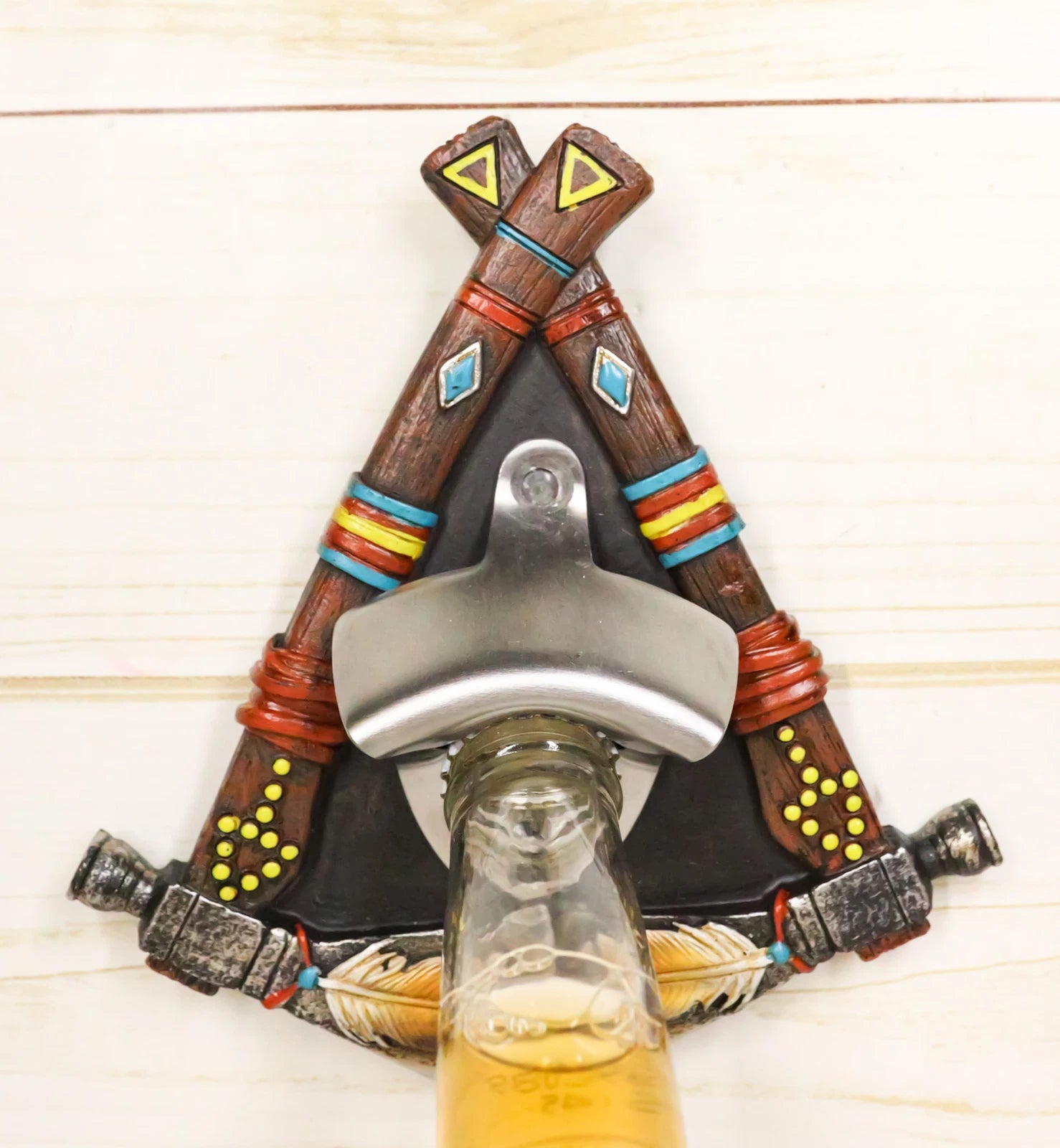 Southwestern Feathers With Double Hand Axes Tribal Indian Wall Bottle Opener-1
