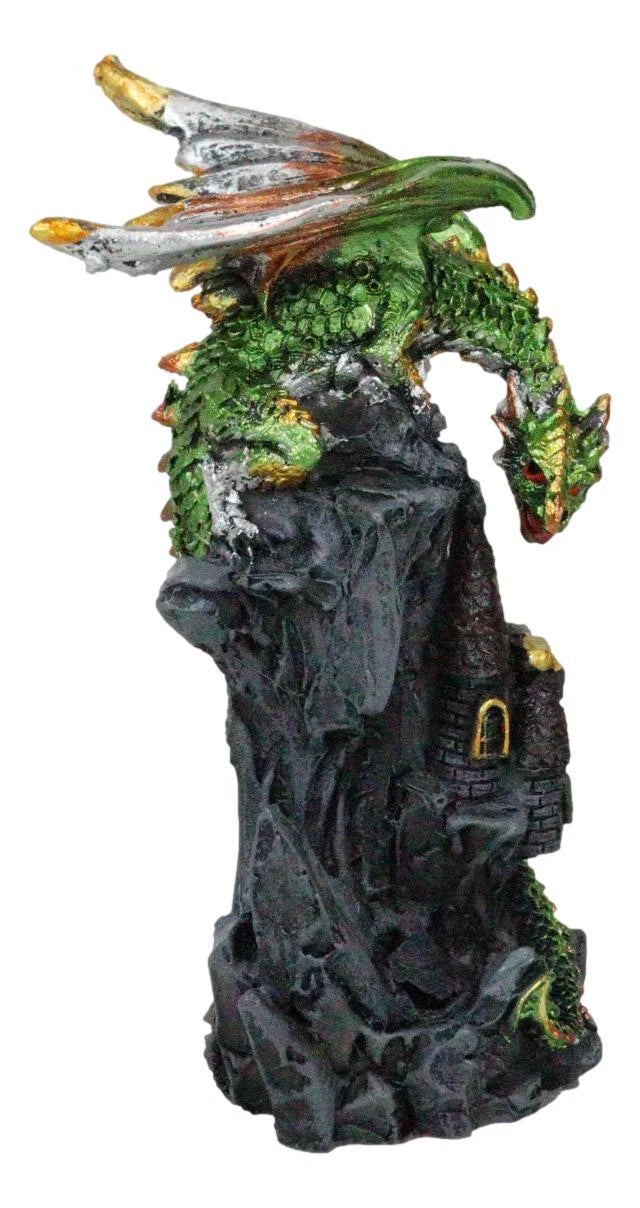 Metallic Golden Green Dragon Guarding Castle Tower On Mountain Cliff Figurine-8