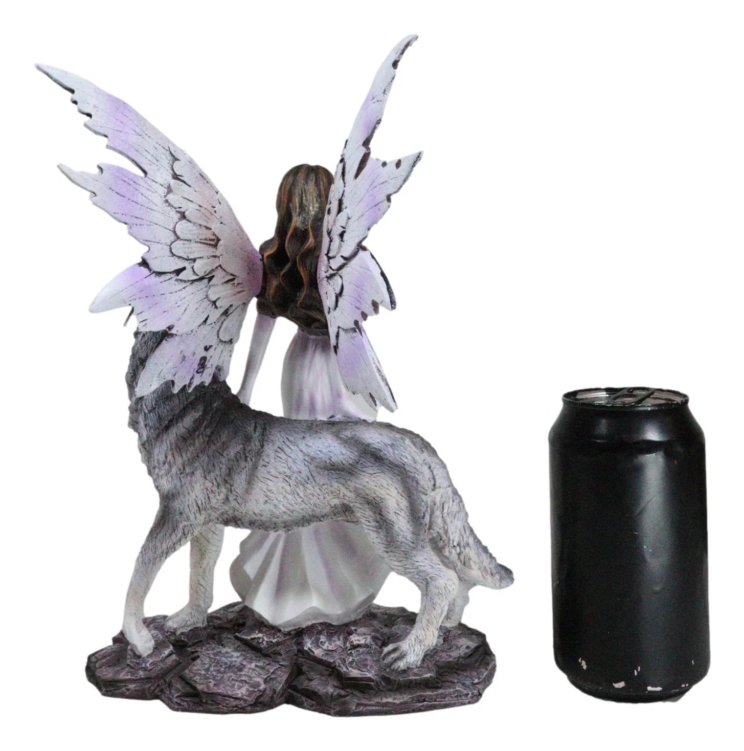 Fantasy Purple Winged Fairy Diana with Alpha Snow Direwolf Wolf Statue 10"H-7