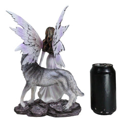 Fantasy Purple Winged Fairy Diana with Alpha Snow Direwolf Wolf Statue 10"H-7