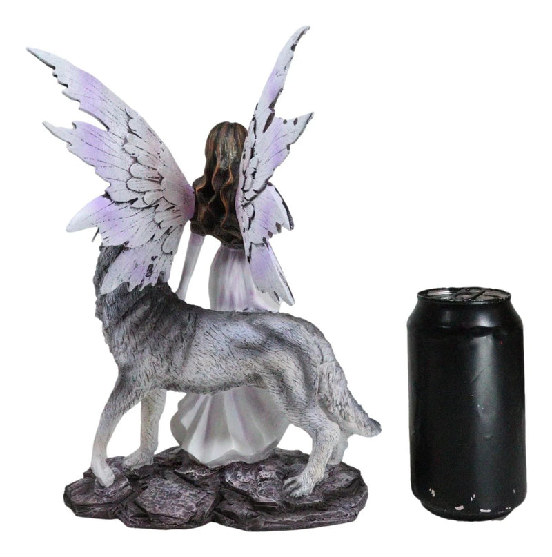 Fantasy Purple Winged Fairy Diana with Alpha Snow Direwolf Wolf Statue 10"H-7