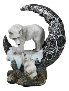 Winter Snow White Wolf Mother With Pup By Snowy Crater Crescent Moon Figurine-8
