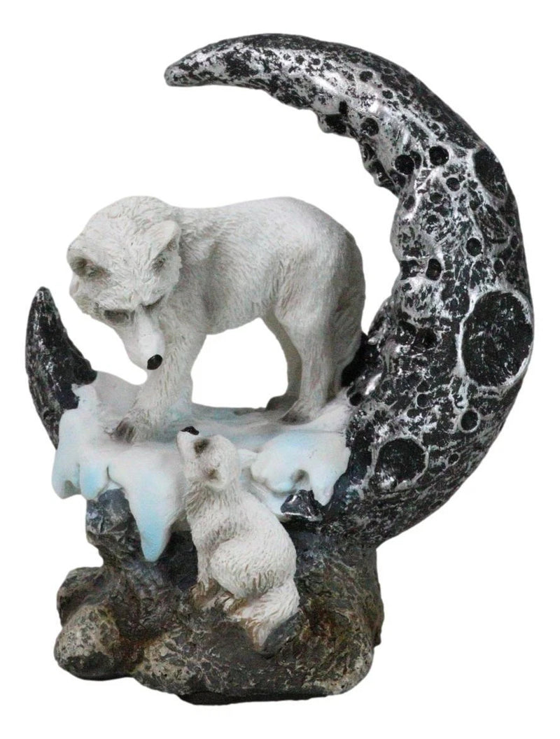 Winter Snow White Wolf Mother With Pup By Snowy Crater Crescent Moon Figurine-8