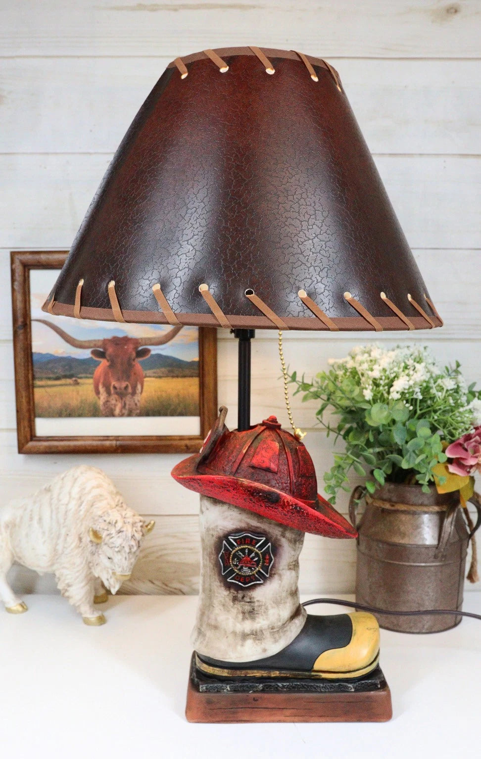 American Hero Fire Fighters Fireman Boot And Helmet Table Lamp With Laced Shade-1