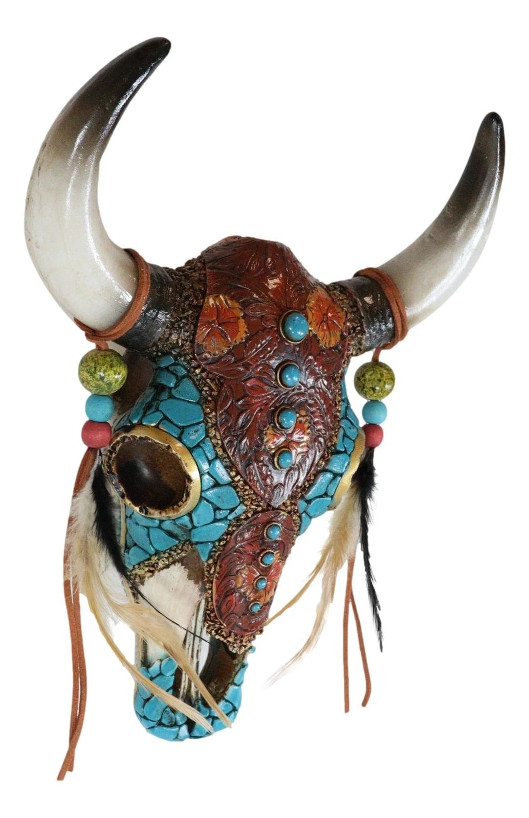 Southwest Tooled Leather Cow Skull With Turquoise Gems And Feathers Wall Decor-6