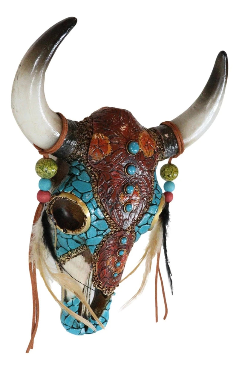 Southwest Tooled Leather Cow Skull With Turquoise Gems And Feathers Wall Decor-6