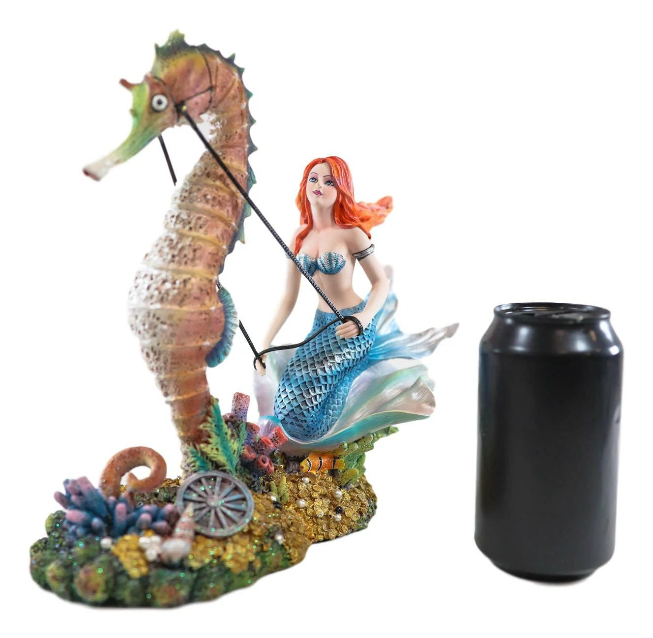 Nouveau Nautical Ocean Mermaid On Clam Riding Seahorse Chariot Statue 10"H-7