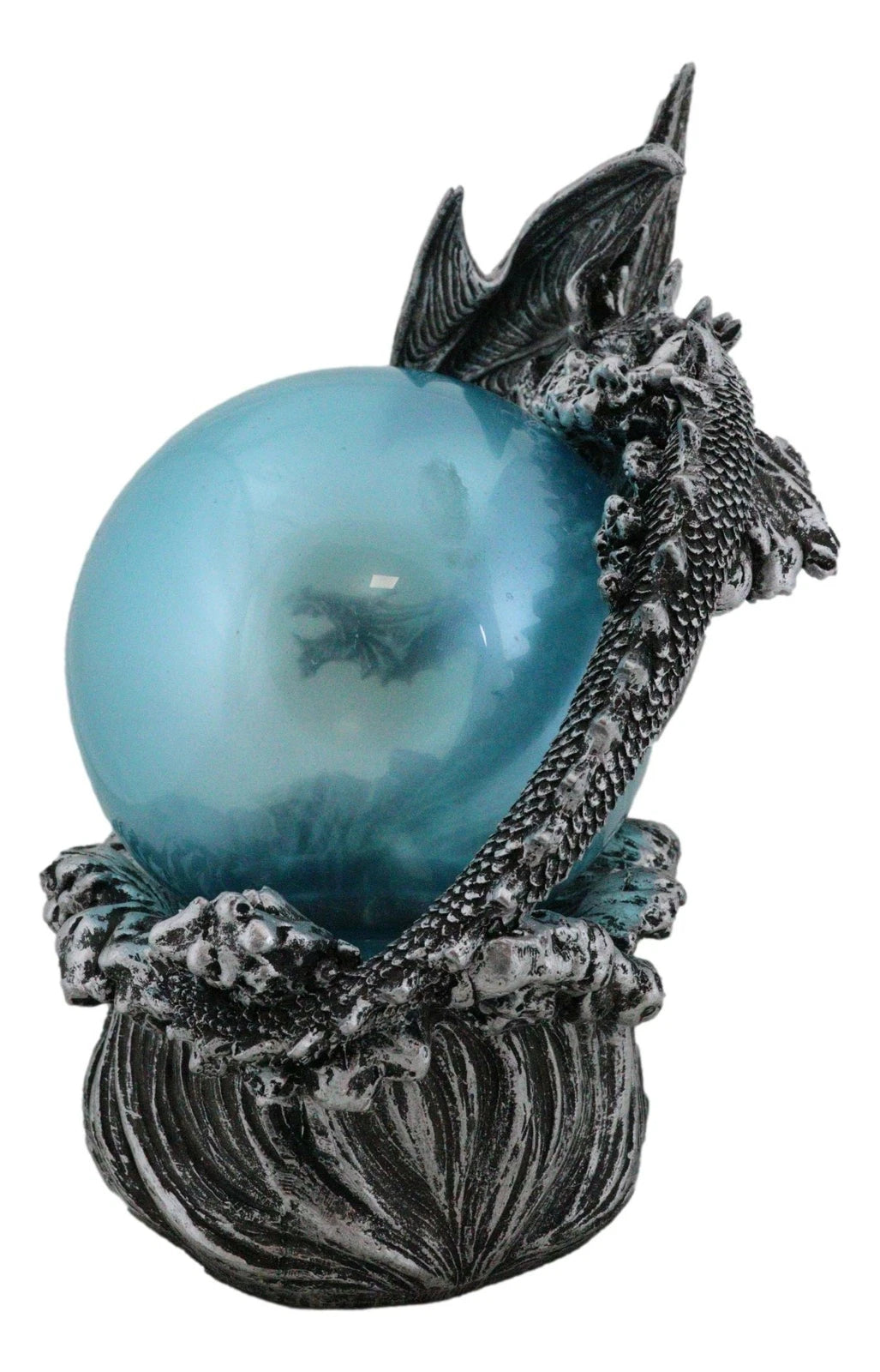 Silver Ocean Dragon Riding Tidal Sea Waves With Colorful LED Sphere Orb Figurine-6