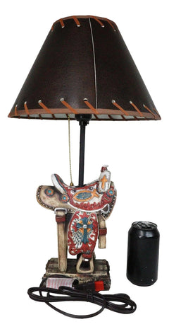 Rustic Western Cowboy Horse Saddle with Ichthys Jesus Fish Symbol Table Lamp-8