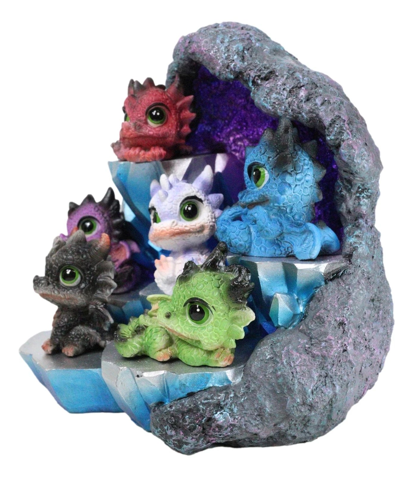 Whimsical Baby Dragons Mini Figurines With LED Faux Geode Crystal Display Set-6