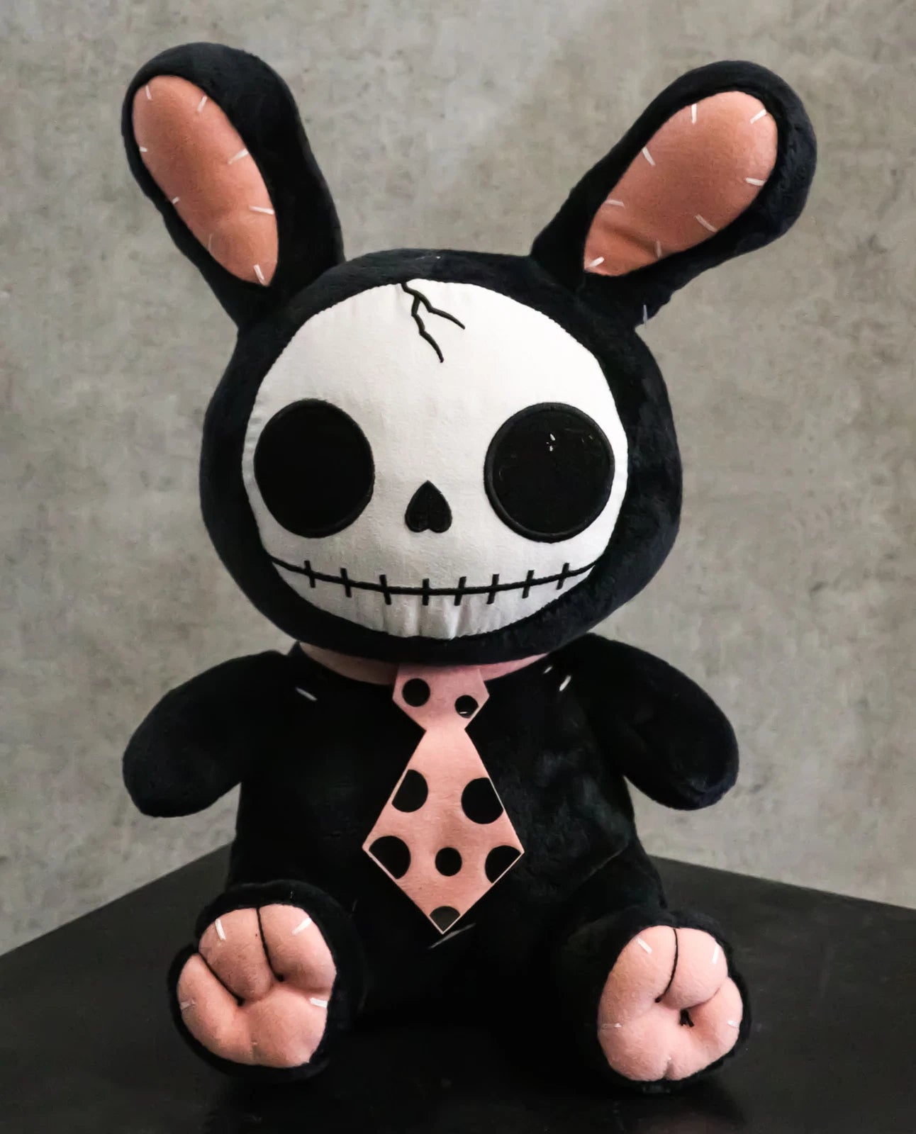 Furry Bones Skeleton Black Tuxedo Bunny With Pink Polka-dot Tie Plush Toy Doll-1