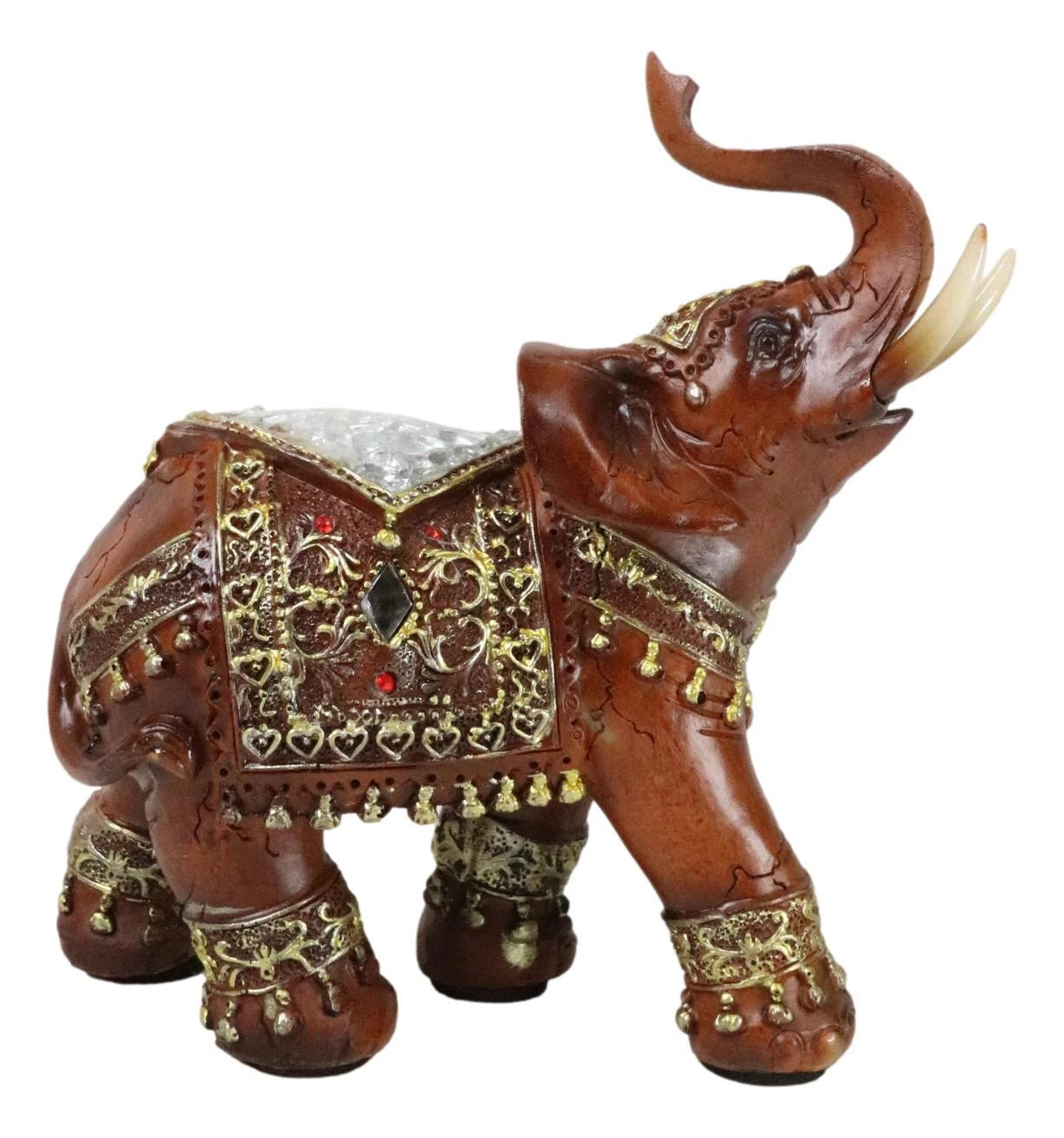 Faux Wood Trunk Up Elephant with Golden Scrollwork And Crushed Glass Figurine-8