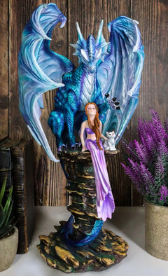 Giant Leviathan Blue Dragon Protecting A Young Princess Fairy With Kitten Statue-1
