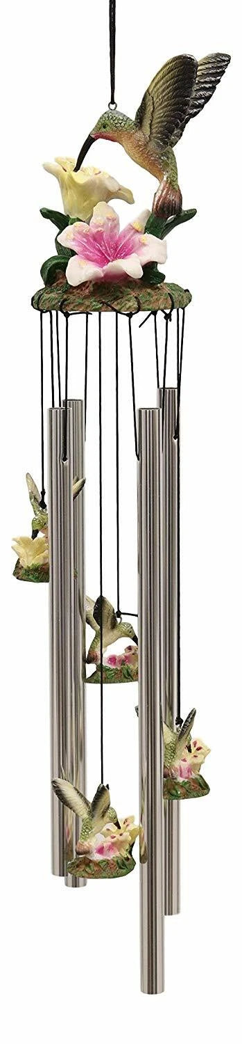 Beautiful Hummingbird with Nectarine Lily Flowers Wind Chime 21" L-6