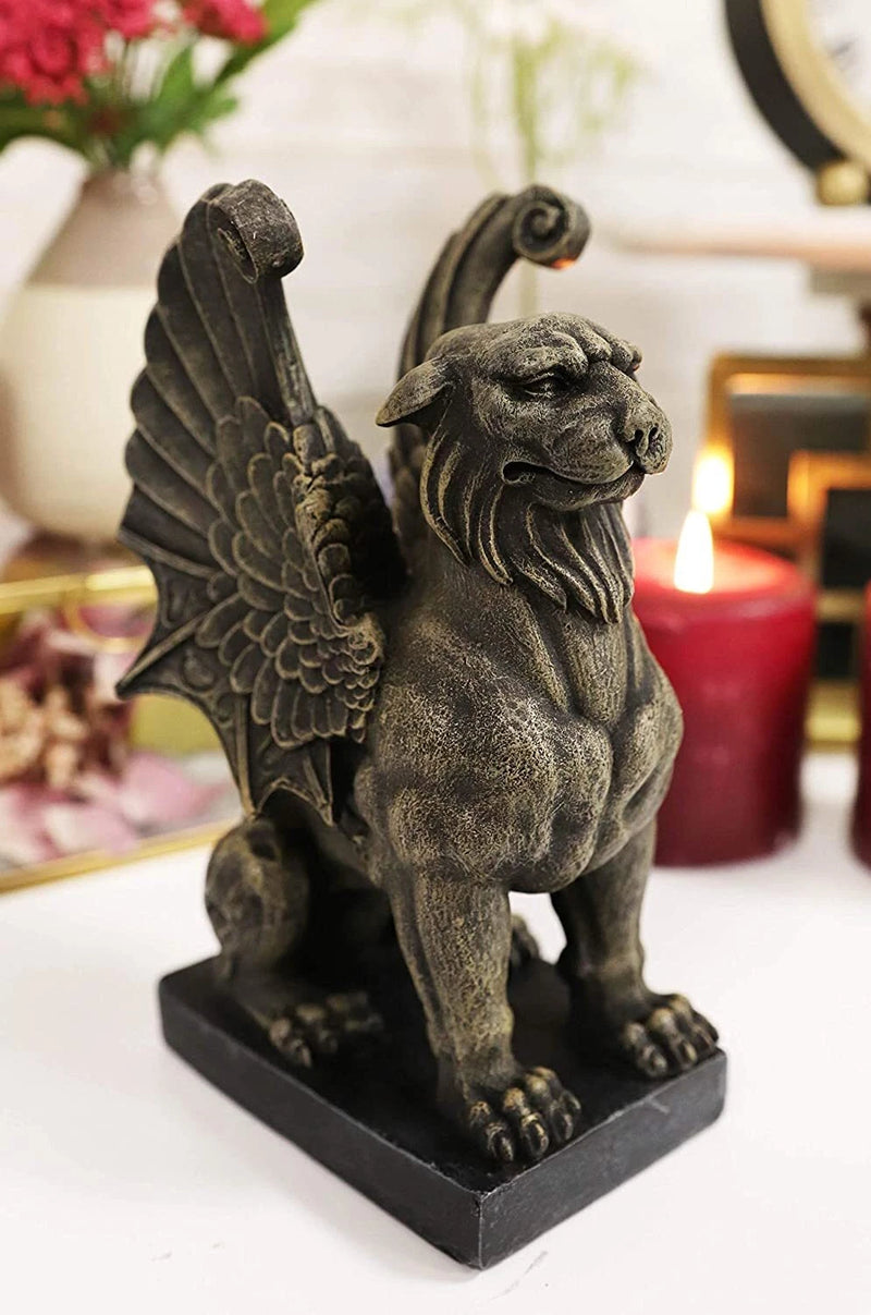 Lion Gargoyle with Griffin Wings Crouching On Pedestal Statue 6.5" Tall-2
