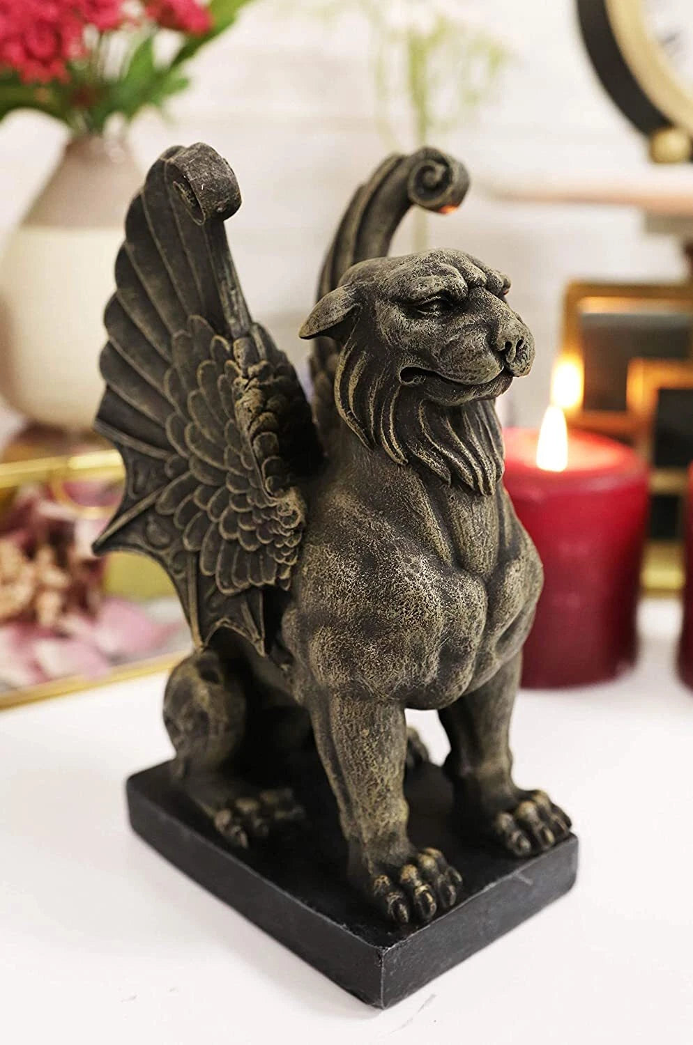 Lion Gargoyle with Griffin Wings Crouching On Pedestal Statue 6.5" Tall