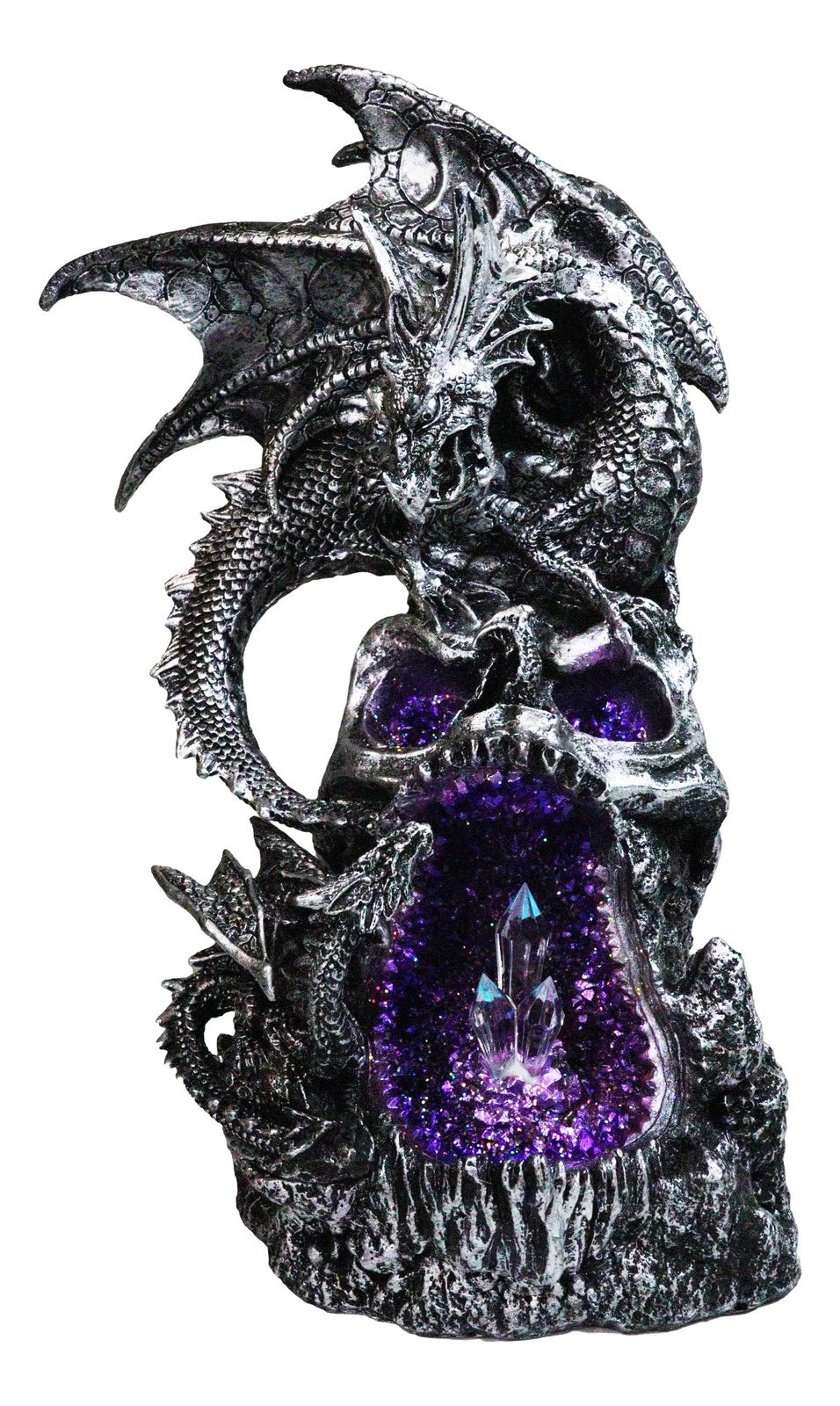 Silver Gothic Dragon On Oversized Skull with Faux Geode Crystal LED Figurine-2
