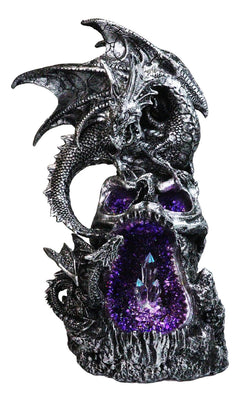 Silver Gothic Dragon On Oversized Skull with Faux Geode Crystal LED Figurine-2