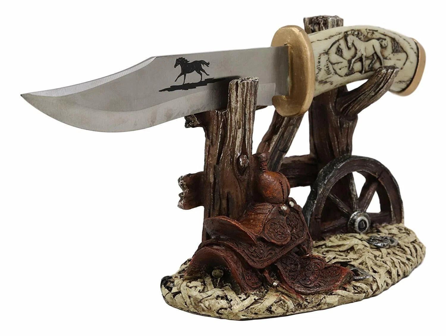 Western Horse Saddle By Wagon Wheel With Blunt Knife Display Holder Statue Set-5