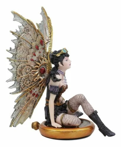Steampunk Air Force Pilot Assassin Fairy Sitting On Time Warp Machine Figurine-6