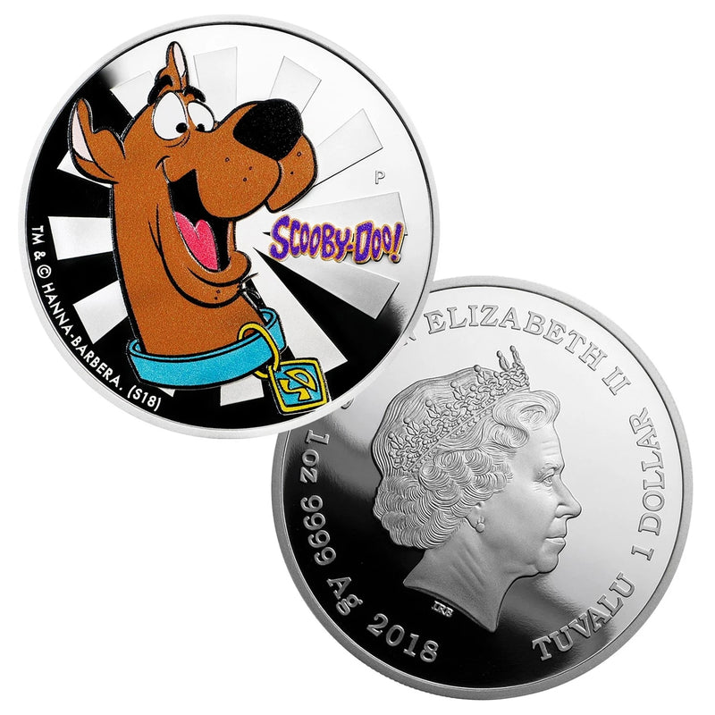 Moneda de prueba coloreada de Scooby-Doo de plata .999 de Tuvalu, 2018, 1 oz, con caja-1
